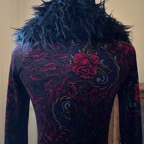 Vintage Betsey Johnson 'Frankie loves Johnny' Tattoo Design Velvet Duster Coat - Picture 7 of 8